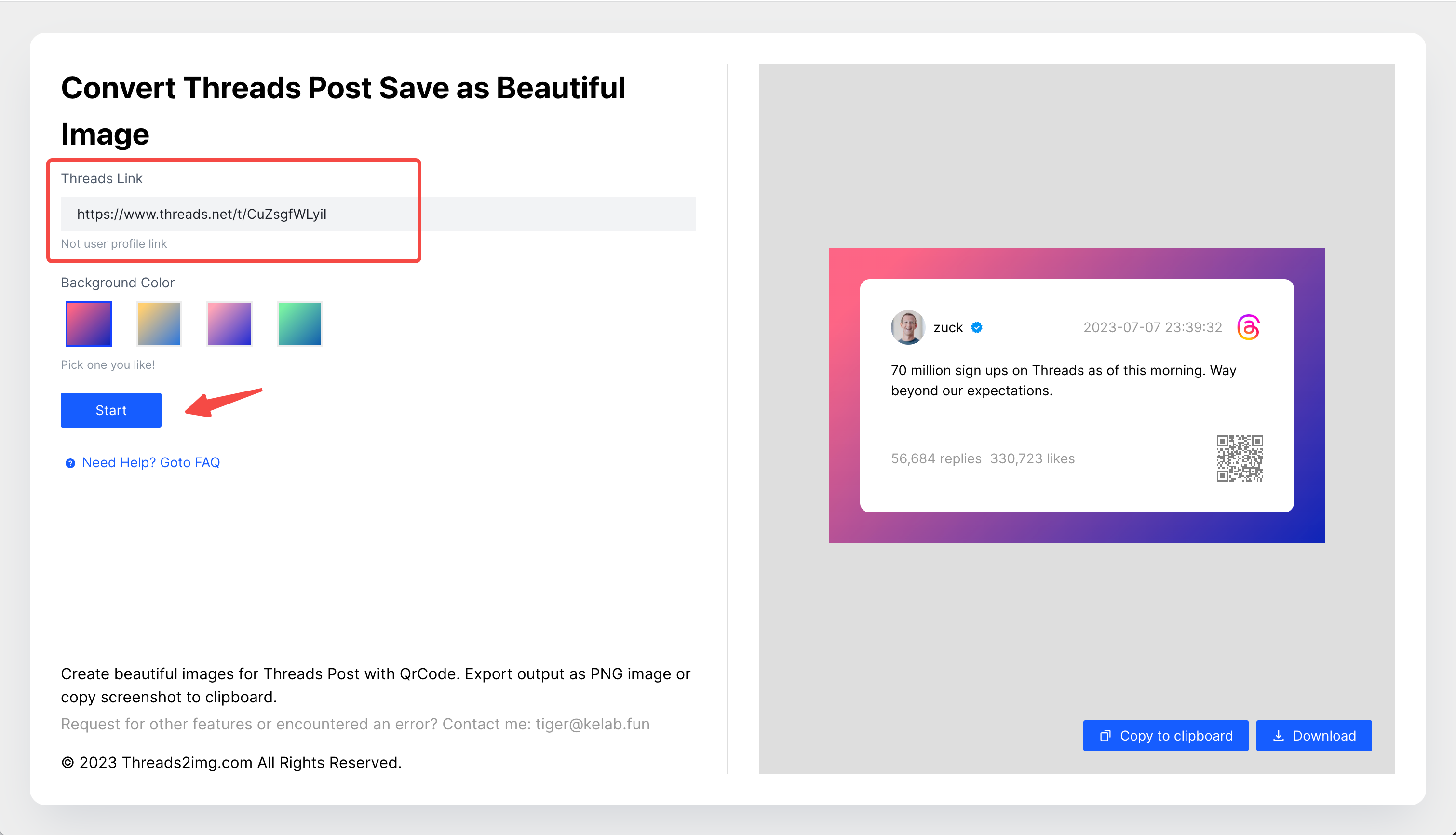 Paste the copied link and click the start button.
